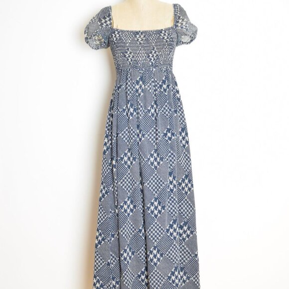 vintage 70s maxi dress boho hippie cottagecore prairie long navy smocked XS S - Picture 2 of 11
